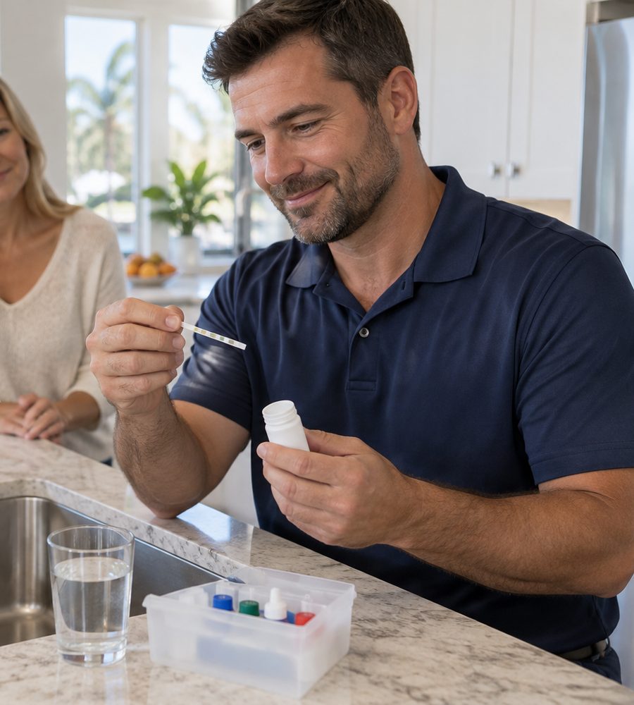 Water treatment technician testing tap water in a Tampa kitchen