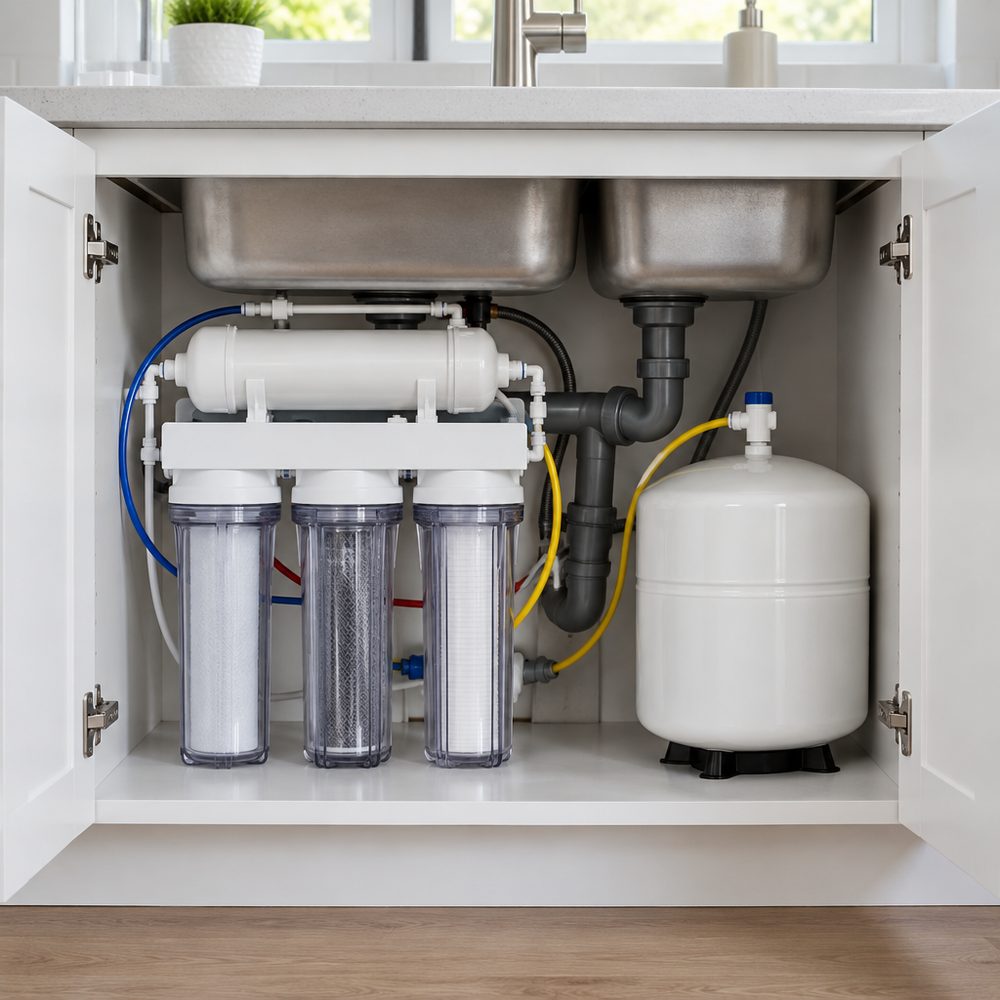 Under-sink reverse osmosis system with filter housings and storage tank