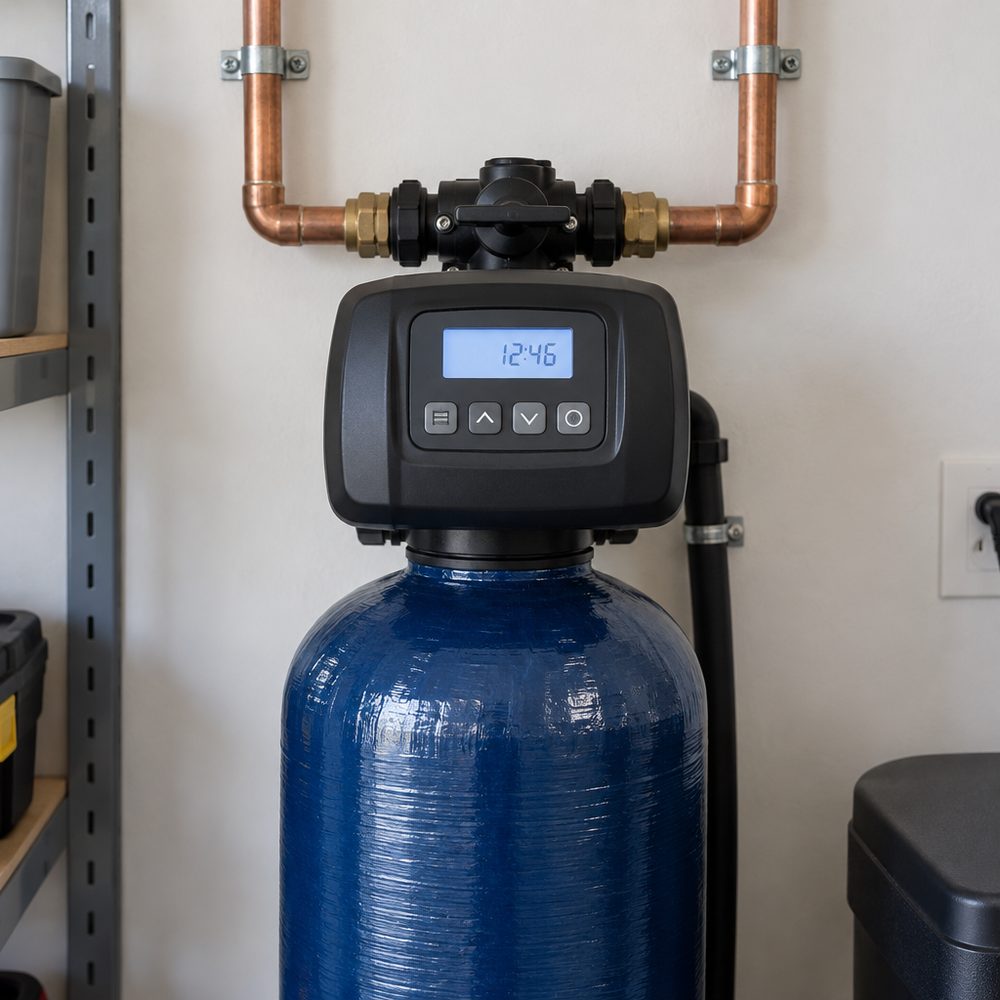 Water softener control valve on a resin tank