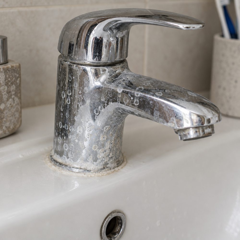 Hard water scale on a bathroom faucet